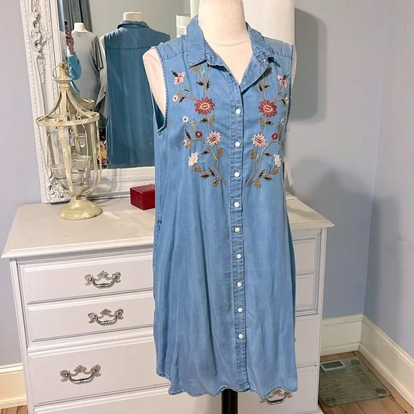 Terre Bleue Summer Embroider Midi Denim Look Dress Casual Lightweight Womens S - Picture 8 of 11